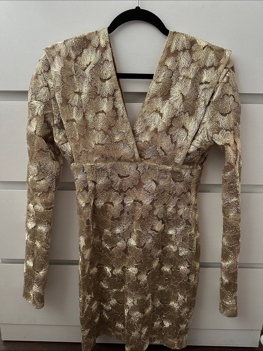 Gold Floral-Textured V-Neck Long Sleeve Dress